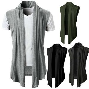Hot Sale Fashion Long Knitted Sleeveless Oversized Cardigan Wool Mens Casual Pure Color Sweater