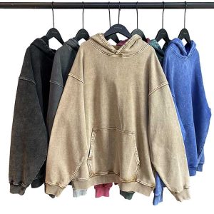 420g Cotton Distressed Vintage Hoodie Wholesale Heavyweight Oversized No Drawstring Acid Washed Hoodie