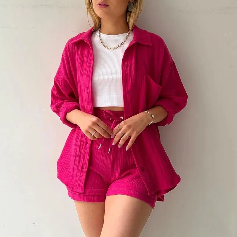 Summer Women's Suit Short Sets Outfits Muslin Suit For Women 2024 Two Piece Female Clothing Solid Beach Outfit Set Two Piece Set