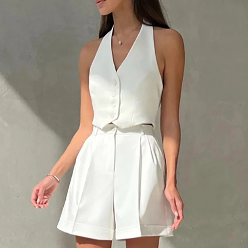 Women Backless Button Vest Shorts Sets Cotton Linen Vintage V Neck Vest Blazer with High Waist Wide Leg Shorts 2 Pieces Sets