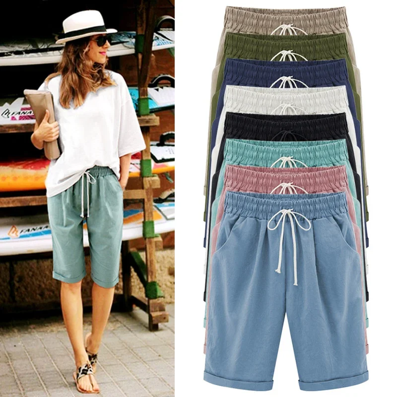 Women's Shorts Summer 2024 New Thin Elastic Waist Tie Straight Sports Baggy Shorts Female Casual Five-Point Outer Wear Pants