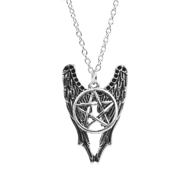 Retro Movie Supernatural Necklace Pentagram Pentacle Castiel Angel Wings Vintage Antique Silver Color Pendant Amulet Jewelry Me