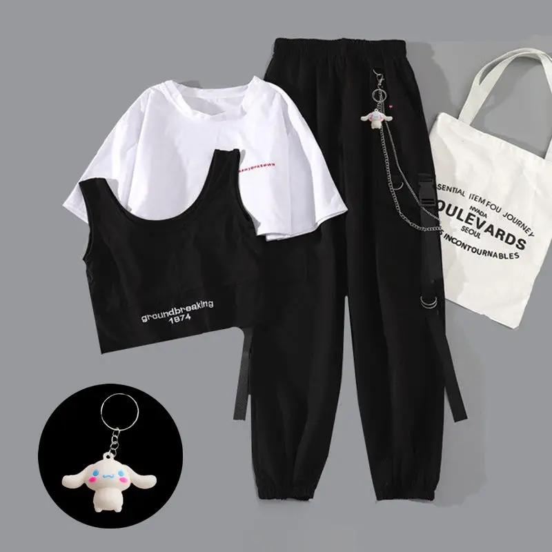 Cargo Pants Suit Womens Sets Summer Korean Harajuku Student Cool Handsome Ribbon Pants + Loose 2 Piece Short Sleeve Shirts Tops