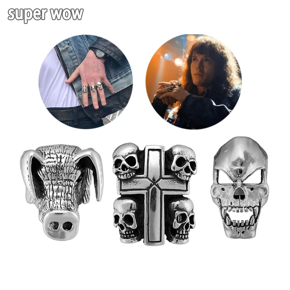 Hot Scary Movie Jewelry Eddie Munson Ring Accessories Hellfire Club Rings Men Gift Vintage Punk Skull Ring Jewelry For Fans Gift