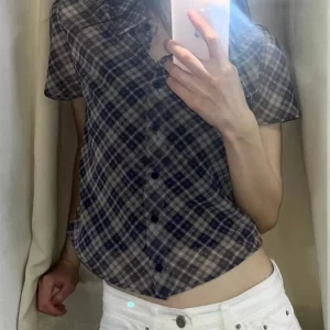 Korean Shirt Camisas De Mujer Vintage Short Sleeve Tunic Blouses Chiffon Plaid Shirts Crop Tops See Through Sexy Summer Blouse