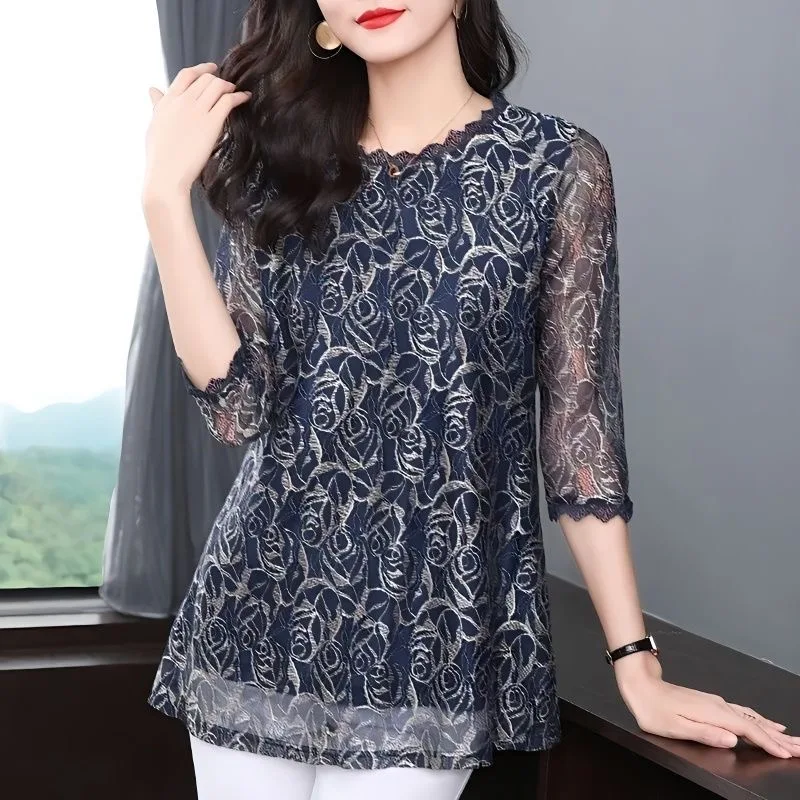 Woman Summer Style Lace Mesh Blouses Shirts Lady Casual Half Sleeve O-Neck Flower Printed Blusas Tops DF4584