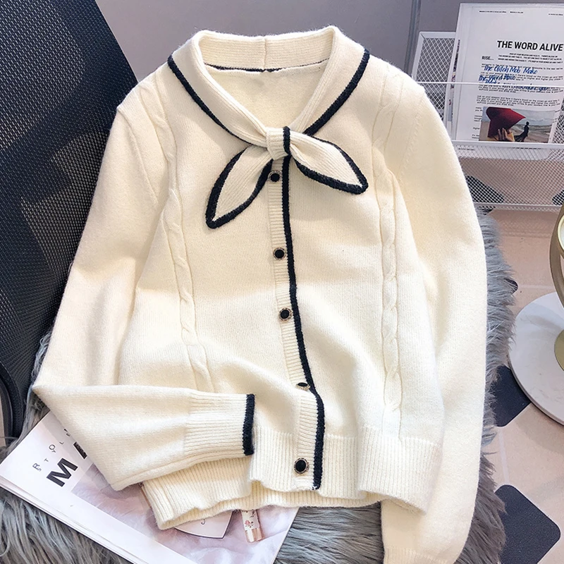 Women Long Sleeve Peter Pan Collar Sweet Sweater Single Breasted Bowknot Sweater Casual Jumper For Women 2023 Fall Winter