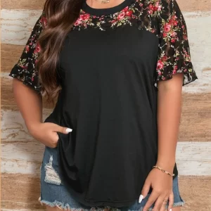 Plus Size Cross Border New Women's Casual V-neck Printed Round Neck T-shirt