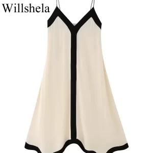 Willshela Women Fashion Patchwork Backless Loose Midi Dress Vintage Thin Straps V-Neck Female Chic Lady Dresses