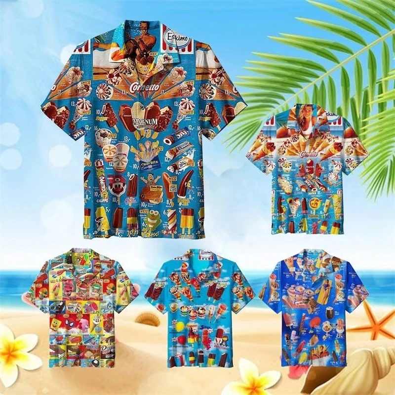 Trendy Cool Fashion Ice Cream Shirts Beach Party 3d Print Hawaiian Shirt unisex Short Sleeve Oversized Blouse Lapel Shirt