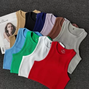SALAPOR Women Crop Top Summer Woman Tank Tops Threaded Sexy Crop Vest Casual Tanks Camis Solid Color Sports Top Sleeveless