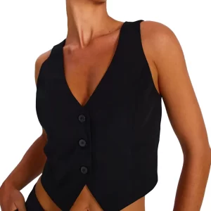 Sleeveless V Neck Button Women s Vest - Solid Color Outwear Gilet for Casual Daily Wear