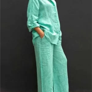Solid Color Cotton Linen Shirt 2 Piece Set For Women Spring Autumn Long Sleeve Blouse Wide Leg Pants Suits Female Casual Outfits
