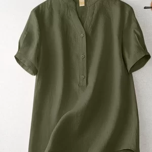 ZANZEA Women Summer Elegant Loose Chemise Cotton Blouse Vintage OL Work Tunic Tops Casual Solid Shirt V Neck Short Sleeve Blusas