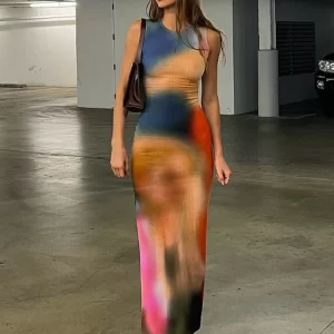 Hugcitar Tie Dye Print Ribbed Midi Dress For Women 2023 Summer Outfits Bodycon Side Slit Y2K Outfits Sexy Streetwear Long Dress