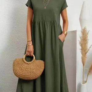 Vintage Solid Midi Dress Casual Short Sleeve Cotton and Linen Harajuku Oversized Long Dress Women Summer Y2K Maxi Sundress 2023