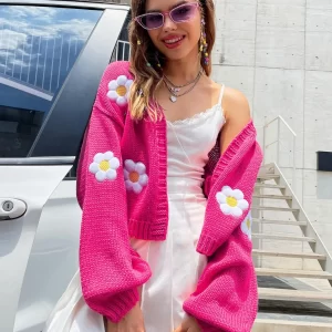 Autumn Knitted Cardigan Flower Embroidery Women Sweater Flower Sweater Cardigan Lantern Sleeve Fashion Jumper Coats Outerwear