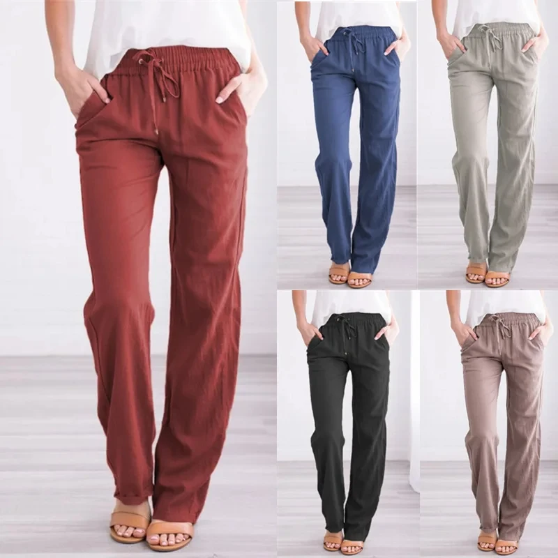 Spring And Summer Women's Cotton Linen Drawstring Loose Wide-Leg Pants Hot Sale Long Trousers With Pocket