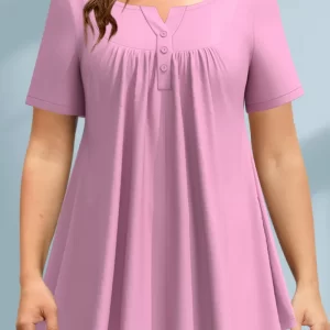 Plus Size Fashion A Line Women Blouse Casual Purple Pleated Decorative Button Round Neck T-Shirt Elegant Summer Short Sleeve Top