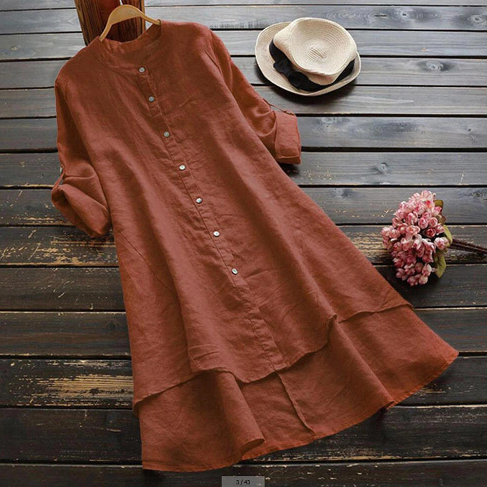 Women's Spring Solid Cotton Linen Shirt Dress Ladies Loose Dress Long Tops Blouse Plus Size Clothes Clothing 2024