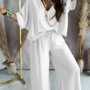 Summer White Two Piece Set For Women V Neck Bat Sleeve Top Casual Loose Lace Up Wide-leg Pants 2 Piece Suit Home Outfits Women's