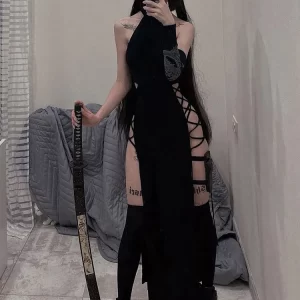 Goth Dark Cosplay High Split Sexy Bandage Women Dresses Y2K Mall Gothic Halter Slim Midi Dress Black Grunge Style Alt Partywear