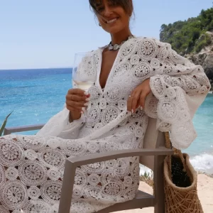 V Neck Crochet Hollowed Out Flare Sleeve Midi Dress Women Loose See Through Vestidos 2024 Sexy Party Beach Vacation Female Robes