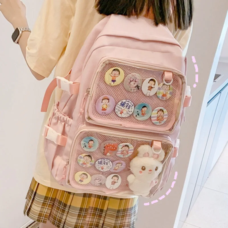 New Girls Large School Pink Ita Backpack with Two Clear Pockets for Pin Display Women Big Kawaii Ita Bag with Insert Plate H221