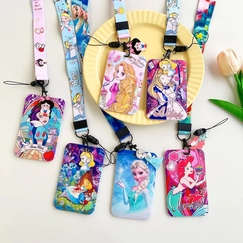 Disney Princess ID Card Holder Neck Strap Pendant Girls Alice Door Badge Holder Lanyards Keychain Ariel Credential Case Gift