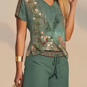 Elegant Two Piece Sets Women Outifits Casual Short Sleeve Floral Tribal Print Top & Fashion Drawstring Shorts Set Female Suit
