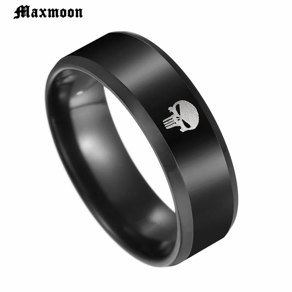 Maxmoon  Comics Super Hero Skeleton Skull  Punk Titanium Black Ring For Men Biker Retro Movie Fans Rings Jewelry