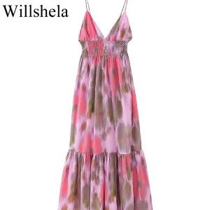 Willshela Women Fashion Printed Elastic Waist Backless Lace Up Midi Dress Vintage Thin Straps V-Neck Female Chic Lady Dresses