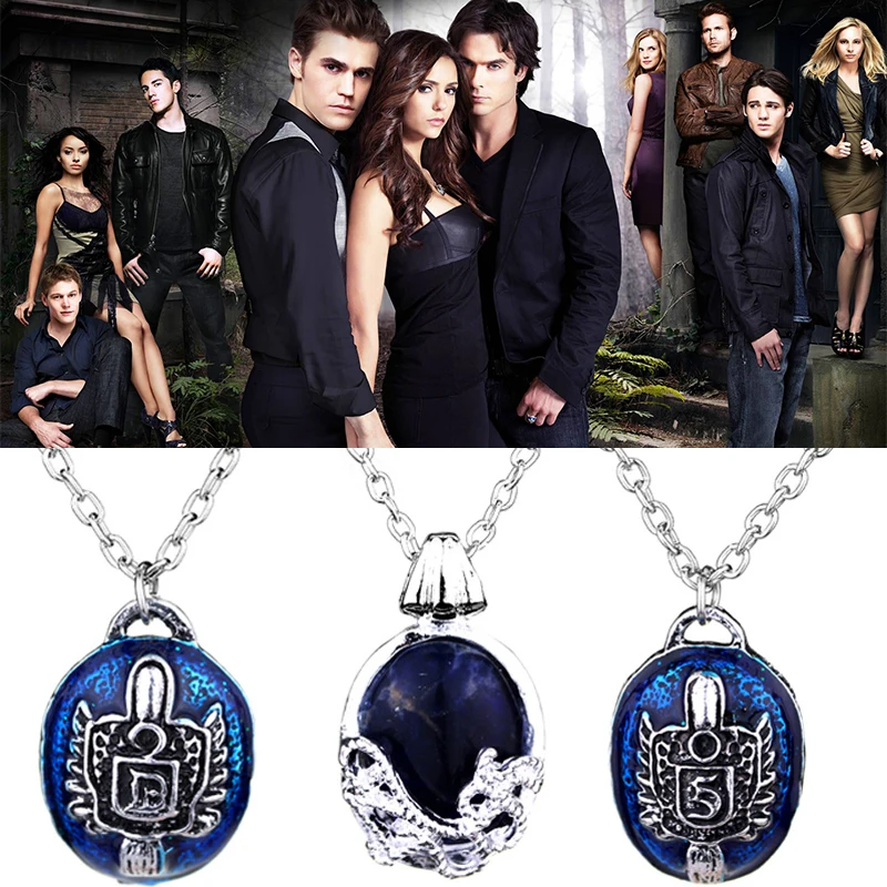 Movie The Vampire Diaries Necklace Cosplay Series Fashion Vintage Style Blue Oval Crystal Pendant Jewelry for Women Christmas