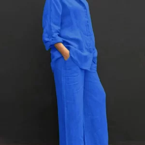 Women Linen Casual Shirt 2 Pieces Set Fashion Lapel Long Sleeve Button Blouse And Trousers Outfits Loose Wide Leg Pants Suits