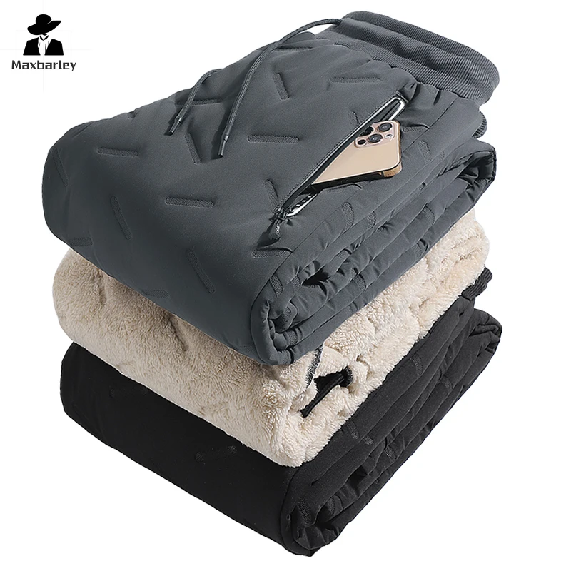 Winter Zip Pockets Thicken Fleece Sweatpants Men Joggers Black Grey Down Cotton Warm Pants Male Water Proof Thermal Trousers 7XL