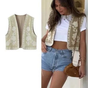 TRAF Summer 2024 Women Sleeveless Embroidered Vest Causal Female Vintage Boho Vest Woman Cropped Jacket Waistcoat Women Cardigan