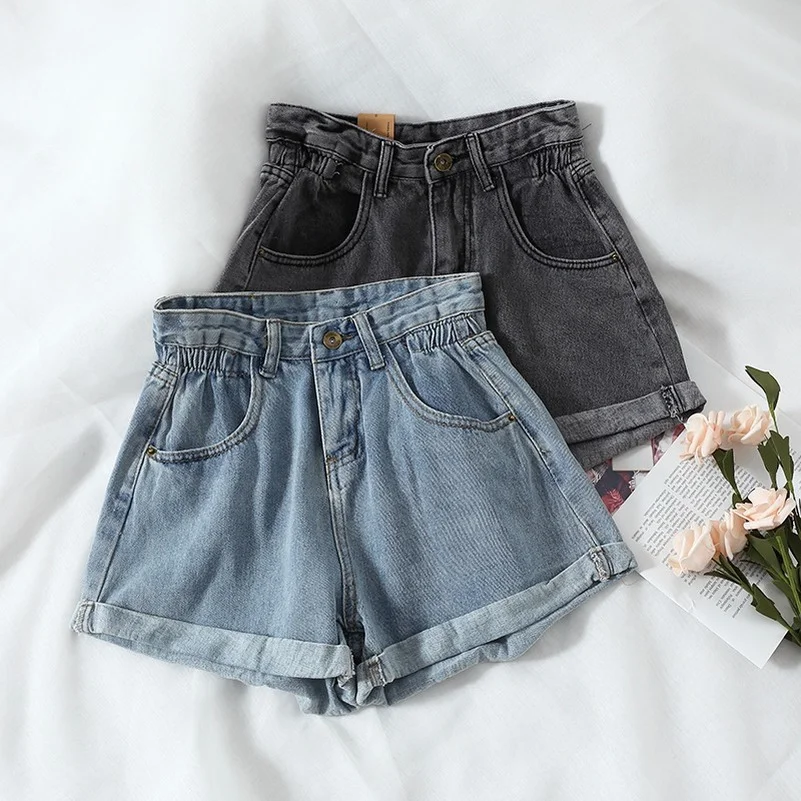 New Summer High Waist Denim Shorts Women Casual Loose Ladies Fashion Plus Size Elastic Waist Wide Leg Short Jeans Female