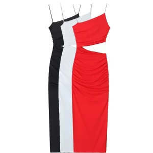 ZRN Women Fashion With Gathered Hollow Out Midi Dress Sexy Asymmetric Neck Thin Straps Female Dresses Vestidos Mujer