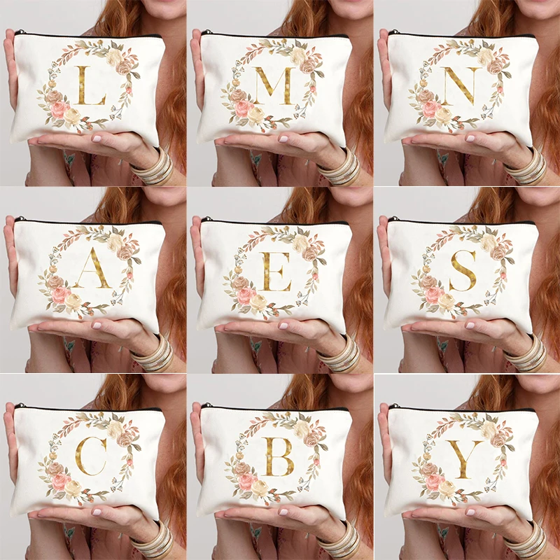 Floral Hoop Initial Zipper Makeup Pouch Travel Essentials Wedding Makeup Storage Organizer Bachelorette Party Gift Bag for Girls