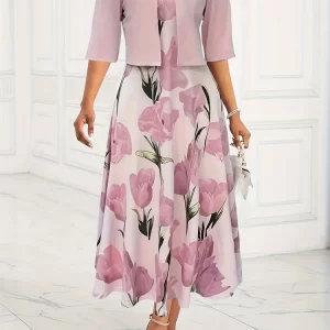 Women Plus Size Dress Set Pink Floral Print Skirt Elegant Fashion 2024 Summer Spring New V-neck Slim Dress + Short Sleeve Coat