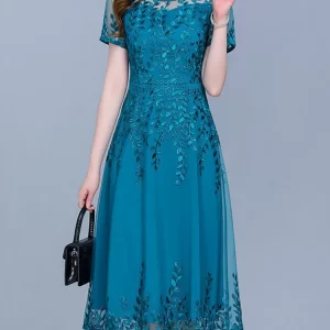 Blue Casual Chiffon Mesh Korean Long Dress Summer Women 2023 New Tunics Midi Fashion Elegant Prom Evening Dresses Short Sleeve