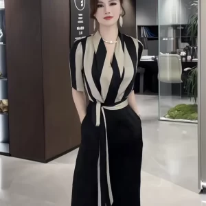 Light European and American Temperament 2024 Summer Goddess Style Striped High Waisted Design Feeling Jumpsuit Stylish