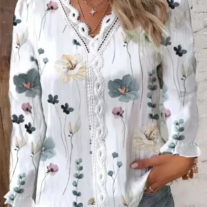 Plus Size 1XL-5XL Women's Floral Print Top Long Sleeved Hollow Out Casual Shirt V-neck Fashionable Shirt