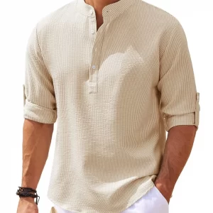 Cotton Linen Hot Sale Men's Long-Sleeved Shirts Spring Autumn Solid Color Stand-Up Collar Casual Beach Style Plus Size S-5XL