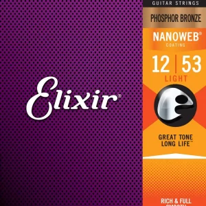 Elixir 16052 Strings Phosphor Bronze Acoustic Guitar Strings with NANOWEB Coating, Light (.012-.053) - 16052 / 16002 / 16027