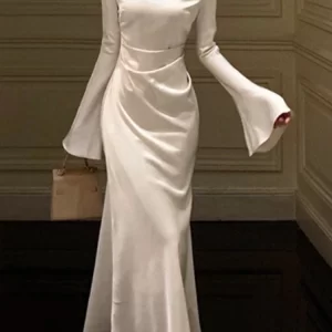 Autumn Elegant Solid Midi Dress Women Flare Sleeve Slim Mermaid Spring New French Vintage Wedding Party Vestidos Robe Mujers