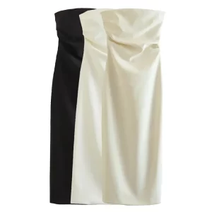 ZRN Women Fashion Strapless Gathered Midi Dress Sexy Straight Neck Back Slit Female Dresses Vestidos Mujer