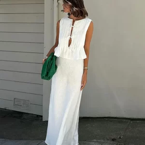 Elegant White Pleated Bow Lace Up Shirts Set Chic High Waist Long Skirt 2 Pcs Suit 2024 Summer Lady Casual Commute Street Outfit