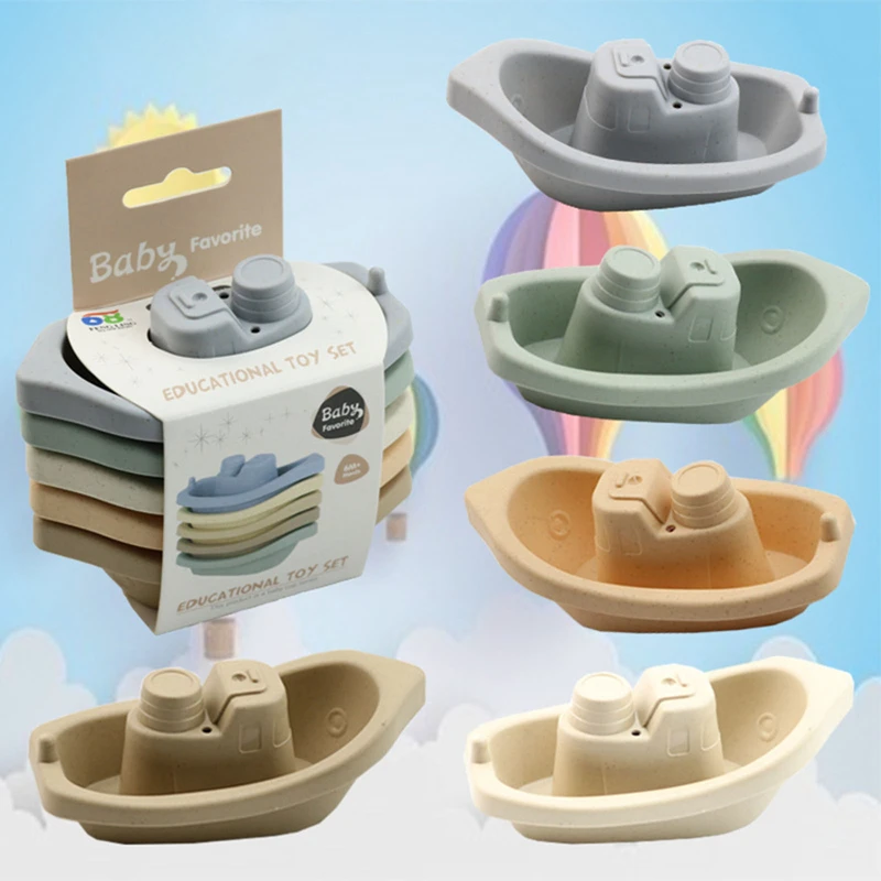 5pcs Baby Bath Toys Stacking Boat Toys Colorful Early Education Intelligence Gift Boat-shaped Stacked Cup Folding Tower Baby Toy