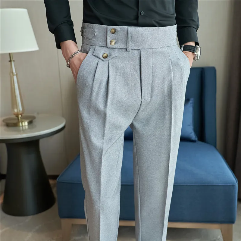 High Waist Men Suit Pants 2024 British Style Casual Dress Pants Men Slim Fit Trousers Formal Office Wedding Party Pantalon Homme